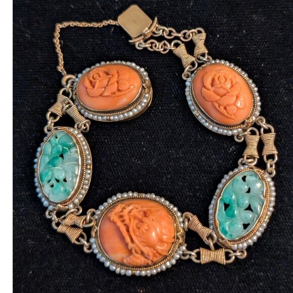 Antique Carved Green Jade Coral & Seed Pearl 14k Yellow Gold Bracelet - Picture 1 of 15